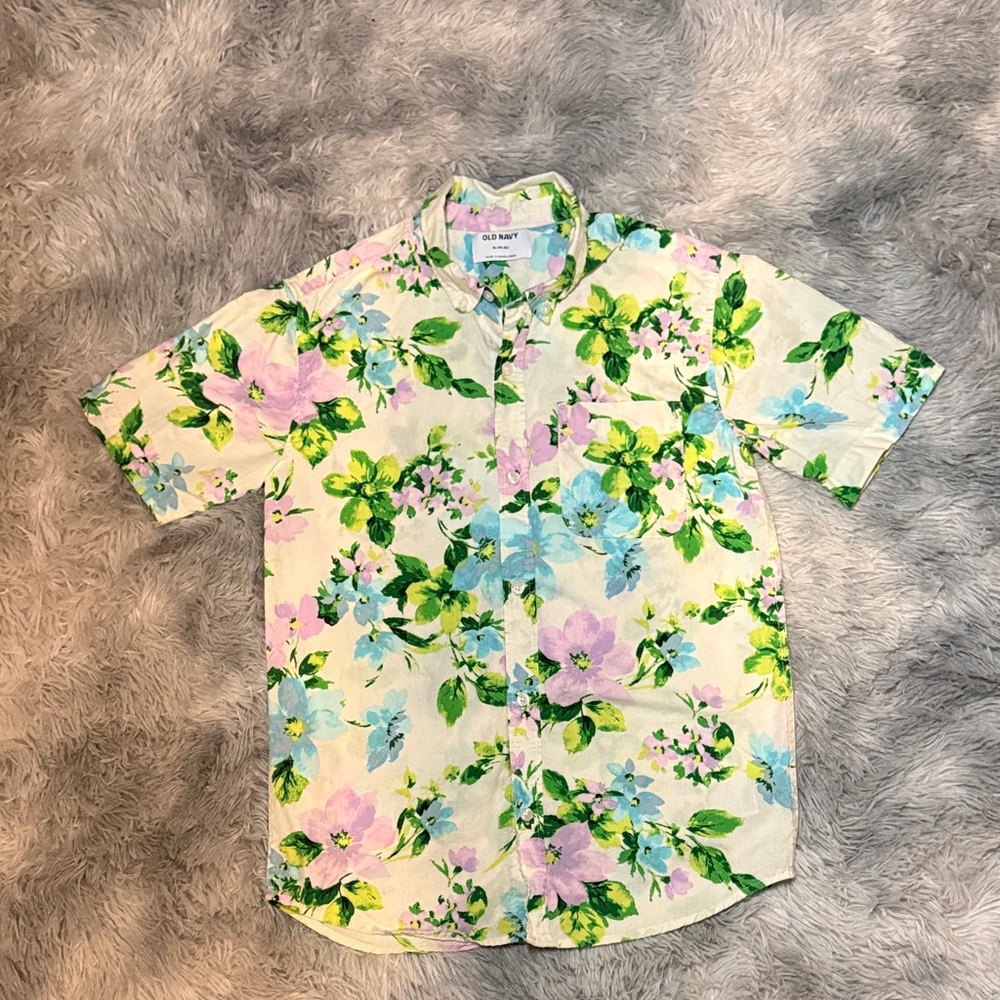 Old Navy XL Kids Floral Short Sleeve Button Down Shirt - Green, Pink, Blue